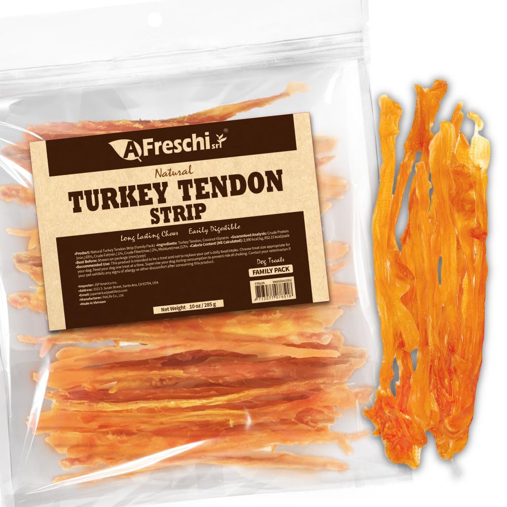 AFreschi Turkey Tendons for Dogs, USA-Sourced, Healthy Dog Treats, Rawhide-Free Puppy Chews, Long Lasting, All Natural, Hypoallergenic Dog Treats for Small Breeds, 3 oz Pack Strips