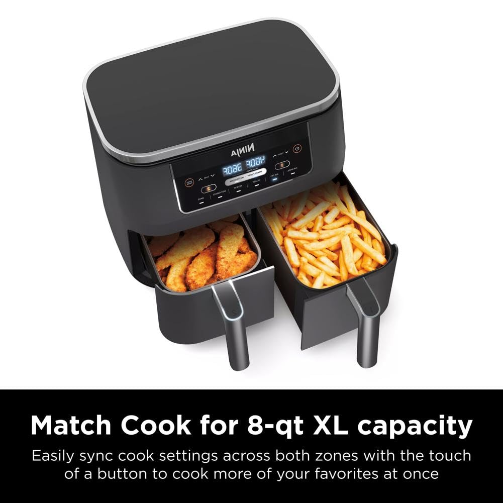 Ninja DZ401 Foodi 10 Quart 6-in-1 DualZone XL 2-Basket Air Fryer with 2 Independent Frying Baskets, Match Cook & Smart Finish to Roast, Broil, Dehydrate for Quick, Easy Family-Sized Meals, Grey