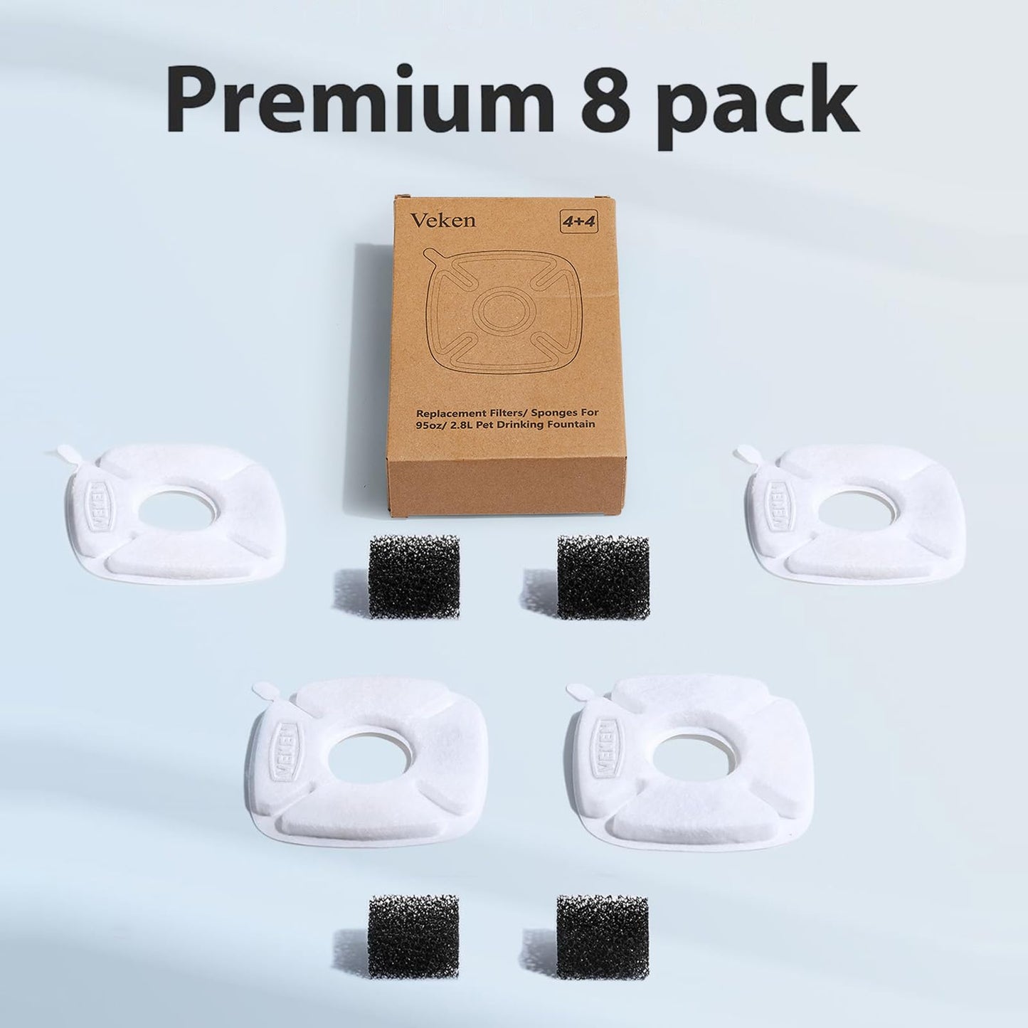 Veken Cat Water Fountain Filters, 8 Pack Replacement Filters & 8 Pack Replacement Pre-Filter Sponges Set for 50oz, 84oz, 95oz or 108oz Automatic Pet Fountain Dog Water Dispenser