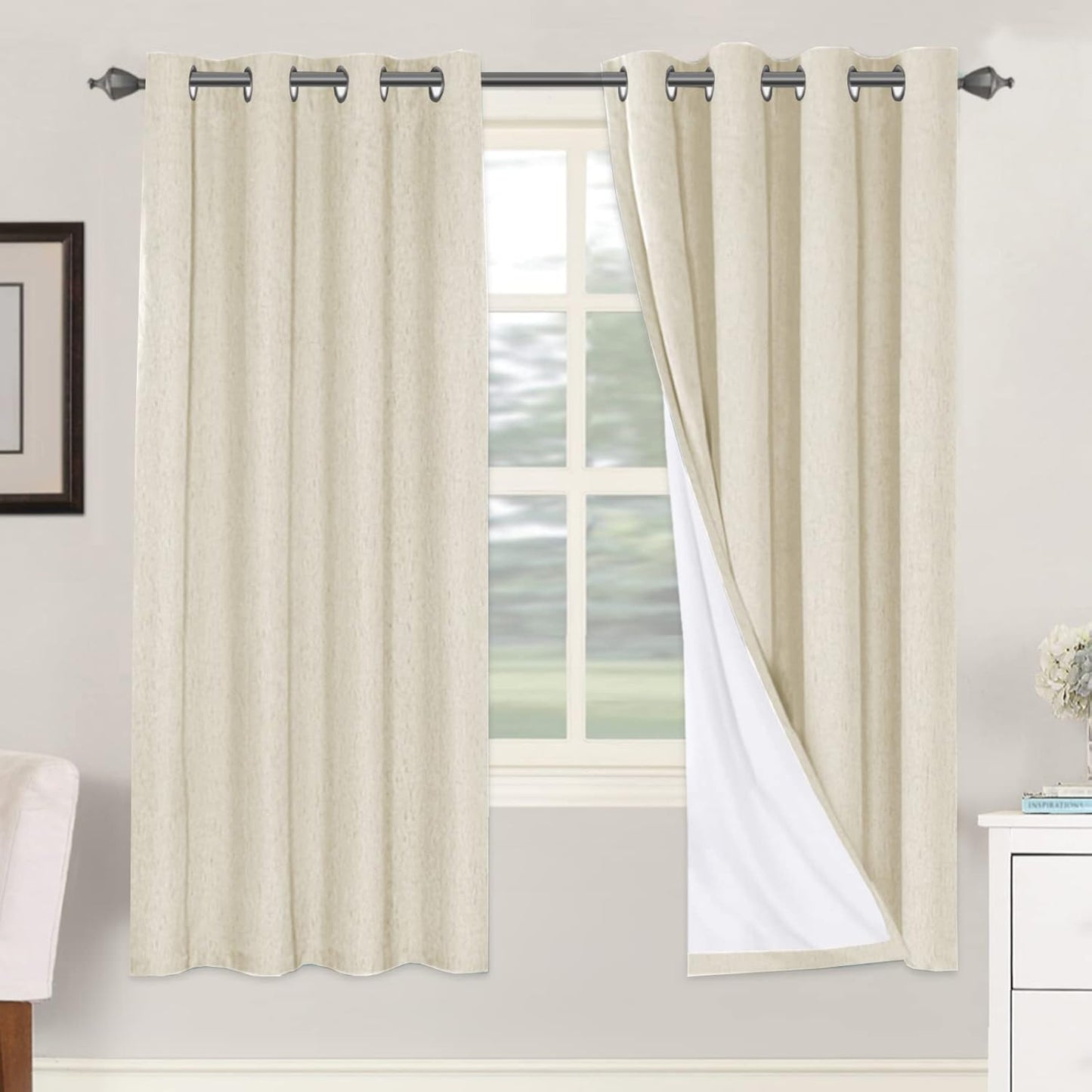 H.VERSAILTEXLinen-Polyester Curtains 100%Blackout Curtains for Bedroom 96"Long Full Light Blocking Nature Linen-Polyester Blended Window Curtains for LivingRoomNickel Grommet(2Panels,HeatheredNatural)