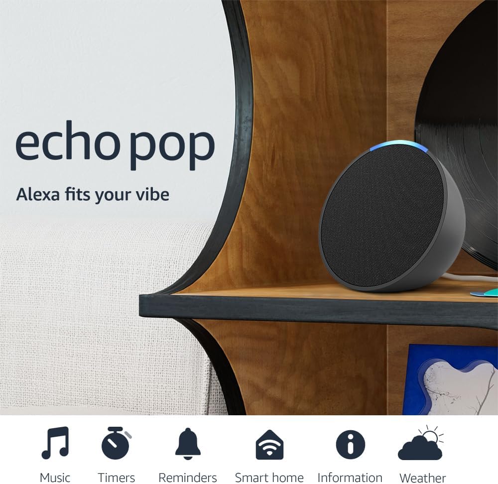Amazon Echo Pop (newest model), Our smallest speaker with Alexa+ Early Access, Fits in any room, Charcoal