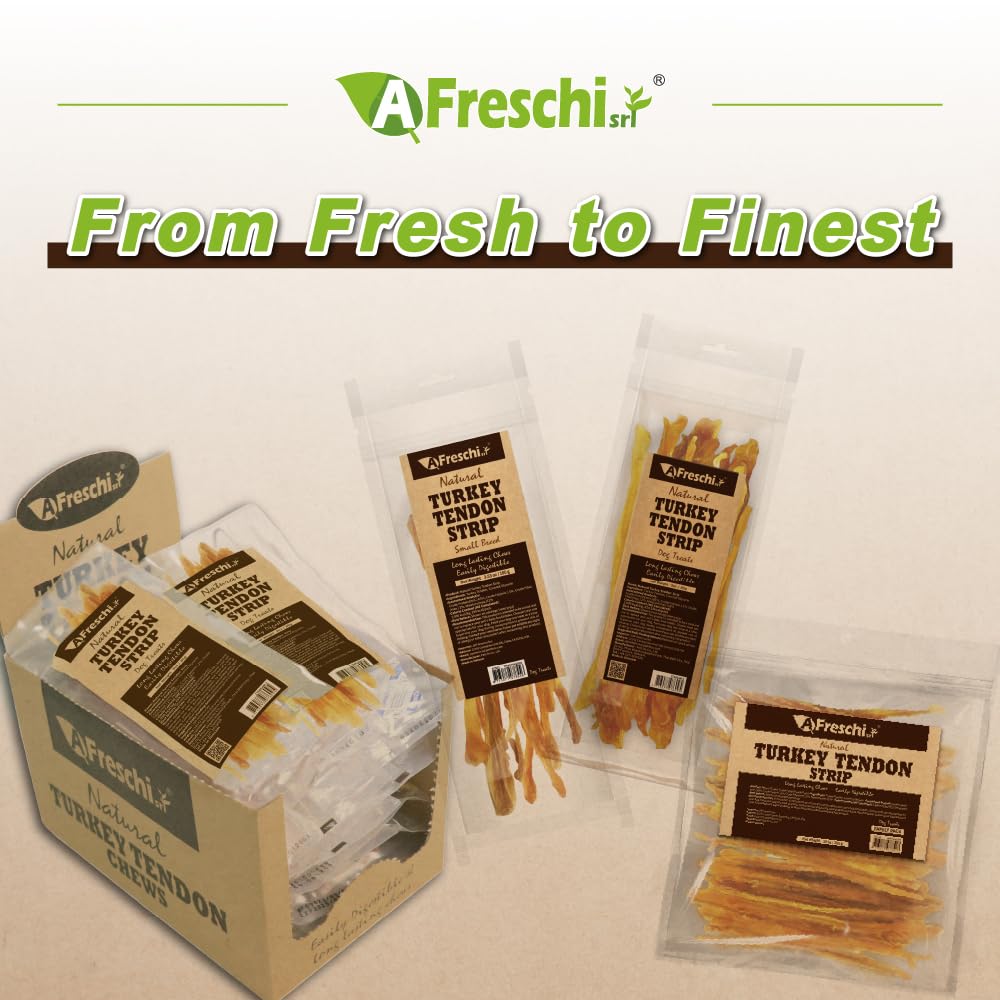 AFreschi Turkey Tendons for Dogs, USA-Sourced, Healthy Dog Treats, Rawhide-Free Puppy Chews, Long Lasting, All Natural, Hypoallergenic Dog Treats for Small Breeds, 3 oz Pack Strips