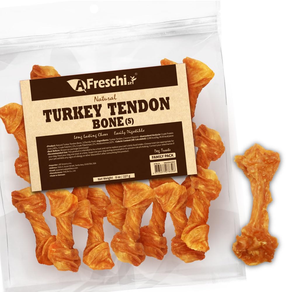 AFreschi Turkey Tendons for Dogs, USA-Sourced, Healthy Dog Treats, Rawhide-Free Puppy Chews, Long Lasting, All Natural, Hypoallergenic Dog Treats for Small Breeds, 3 oz Pack Strips