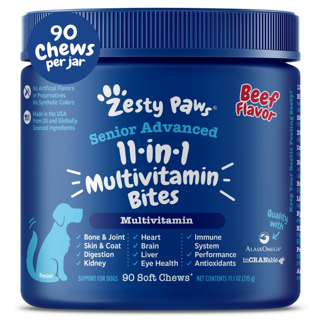 Zesty Paws Dog Multivitamin, Chewable Dog Vitamins and Supplements for Hip & Joints, Skin & Coat, Omega 3 Fish Oil for Dogs- Senior & Puppy Multivitamin- Chicken- 90ct