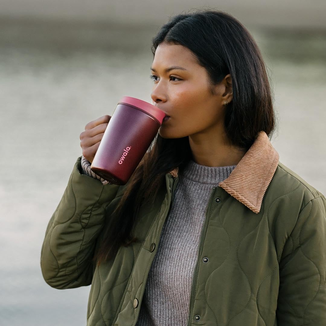 Owala SmoothSip Slider Insulated Stainless Steel Coffee Tumbler, Reusable Iced Coffee Cup, Hot Coffee Travel Mug, BPA Free 12 oz, Grey/Green (Sour Apple)