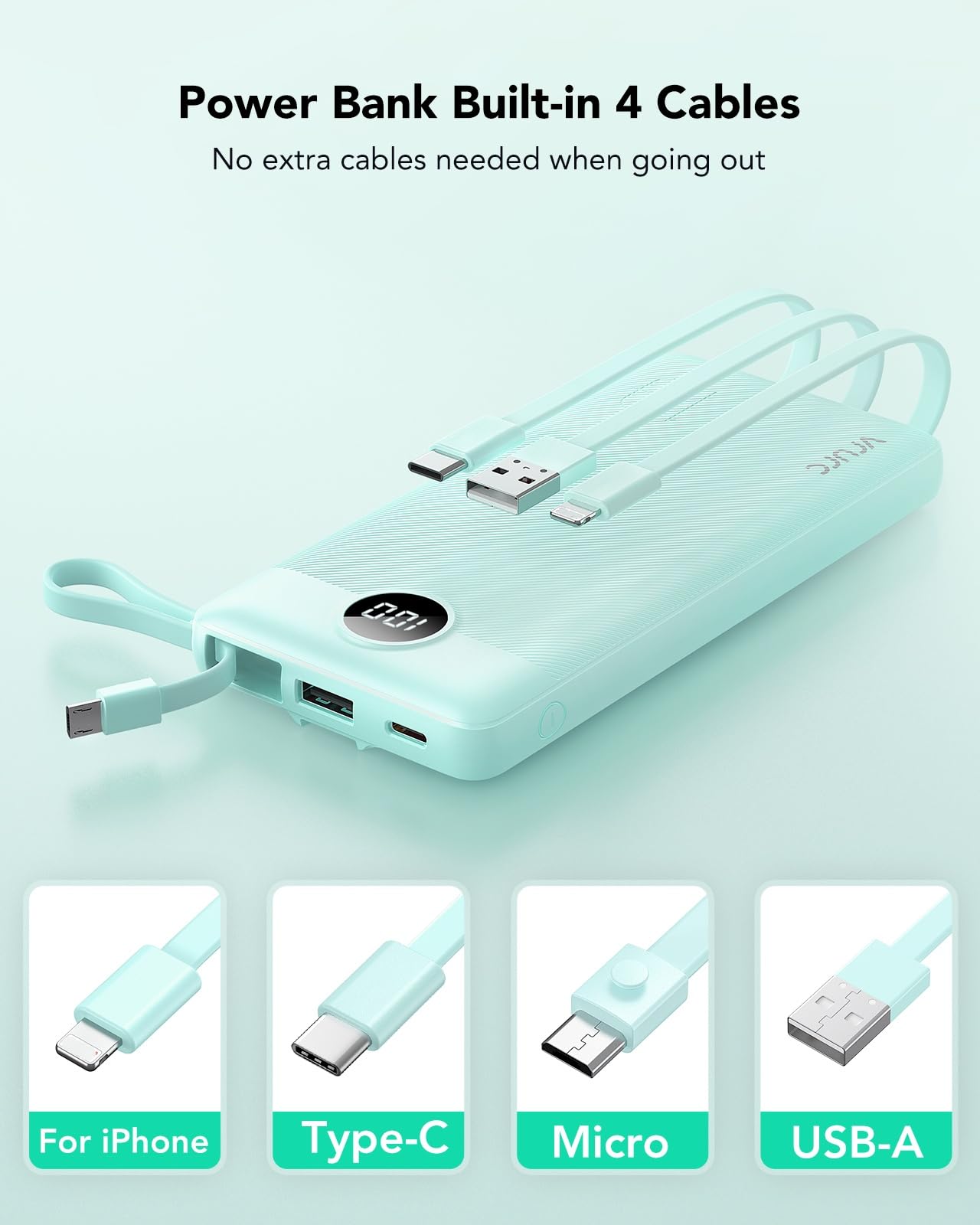 VRURC Portable Charger Power Bank, 10000mAh Travel Essentials Battery Pack, 5 Outputs 2 Inputs Slim Charing Bank Built-in Cables Cords Wires Compatible with iPhone,Samsung,Android-White(1 Pack)