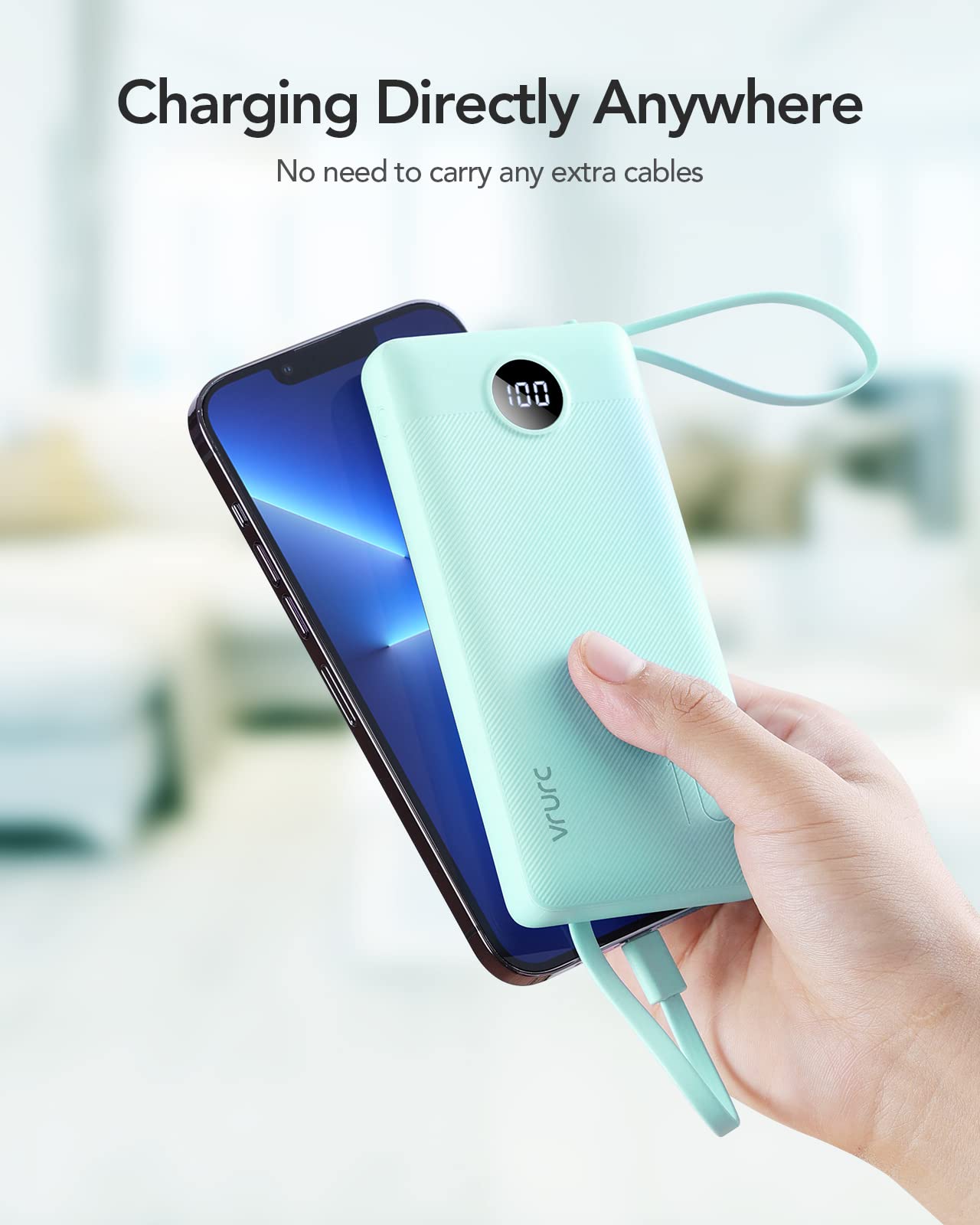 VRURC Portable Charger Power Bank, 10000mAh Travel Essentials Battery Pack, 5 Outputs 2 Inputs Slim Charing Bank Built-in Cables Cords Wires Compatible with iPhone,Samsung,Android-White(1 Pack)