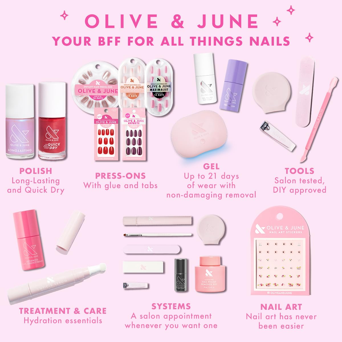 Olive & June Instant Mani Press On Nails (Glue) | 42 Fake Nails, 21 Sizes | Non-Toxic, Long-Lasting | Recycled Materials | Realistic Look
