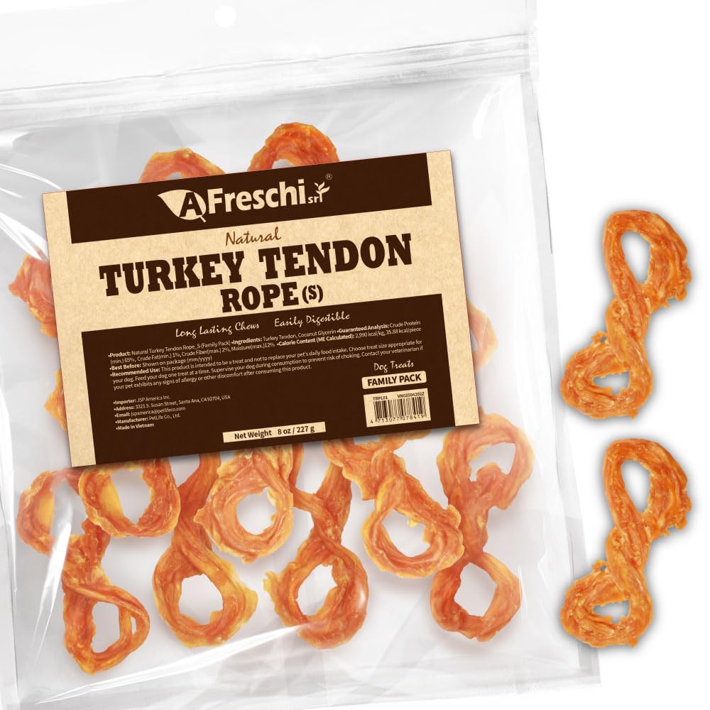 AFreschi Turkey Tendons for Dogs, USA-Sourced, Healthy Dog Treats, Rawhide-Free Puppy Chews, Long Lasting, All Natural, Hypoallergenic Dog Treats for Small Breeds, 3 oz Pack Strips