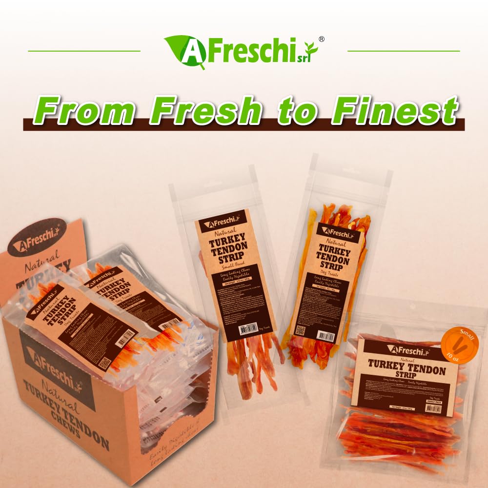 AFreschi Turkey Tendons for Dogs, USA-Sourced, Healthy Dog Treats, Rawhide-Free Puppy Chews, Long Lasting, All Natural, Hypoallergenic Dog Treats for Small Breeds, 3 oz Pack Strips