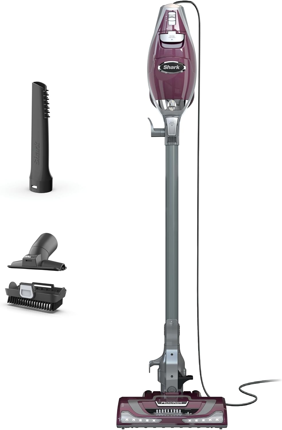 Shark HV322 Rocket Pet Plus Corded Stick Vacuum with LED Headlights, XL Dust Cup, Lightweight, Perfect for Pet Hair Pickup, Converts to a Hand Vacuum, with (2) Pet Attachments, Bordeaux/Silver
