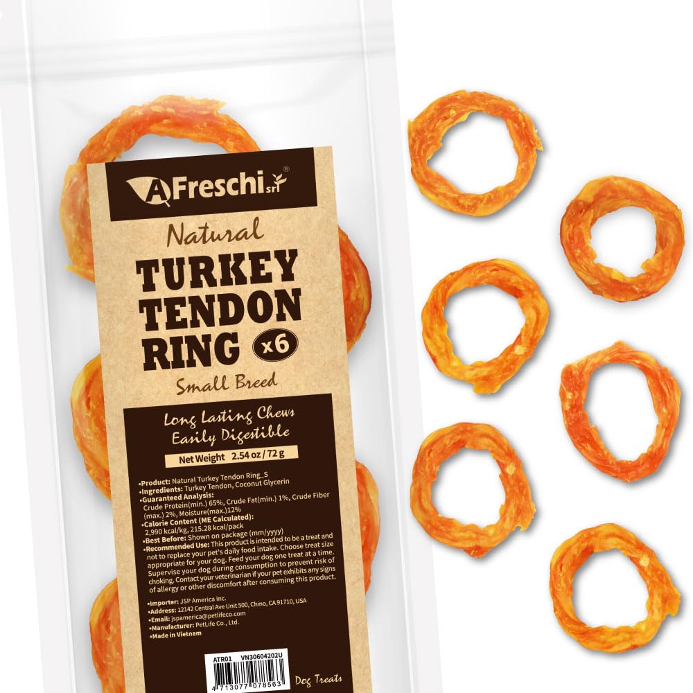 AFreschi Turkey Tendons for Dogs, USA-Sourced, Healthy Dog Treats, Rawhide-Free Puppy Chews, Long Lasting, All Natural, Hypoallergenic Dog Treats for Small Breeds, 3 oz Pack Strips