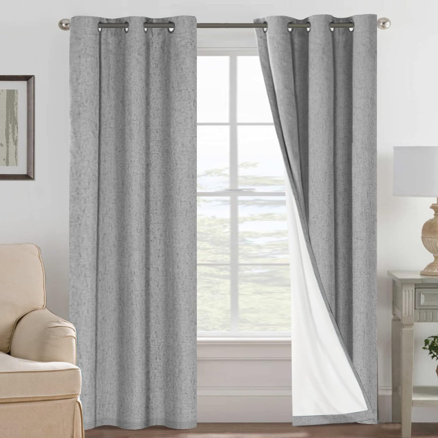 H.VERSAILTEXLinen-Polyester Curtains 100%Blackout Curtains for Bedroom 96"Long Full Light Blocking Nature Linen-Polyester Blended Window Curtains for LivingRoomNickel Grommet(2Panels,HeatheredNatural)