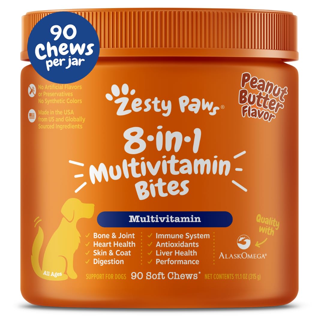 Zesty Paws Dog Multivitamin, Chewable Dog Vitamins and Supplements for Hip & Joints, Skin & Coat, Omega 3 Fish Oil for Dogs- Senior & Puppy Multivitamin- Chicken- 90ct