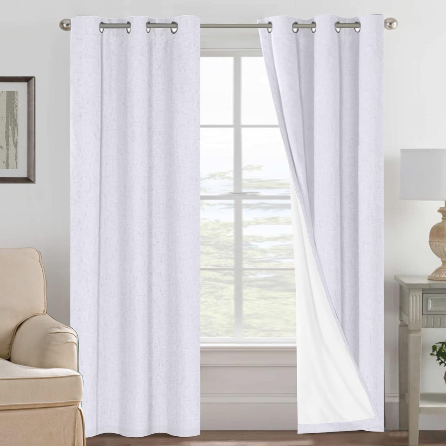 H.VERSAILTEXLinen-Polyester Curtains 100%Blackout Curtains for Bedroom 96"Long Full Light Blocking Nature Linen-Polyester Blended Window Curtains for LivingRoomNickel Grommet(2Panels,HeatheredNatural)