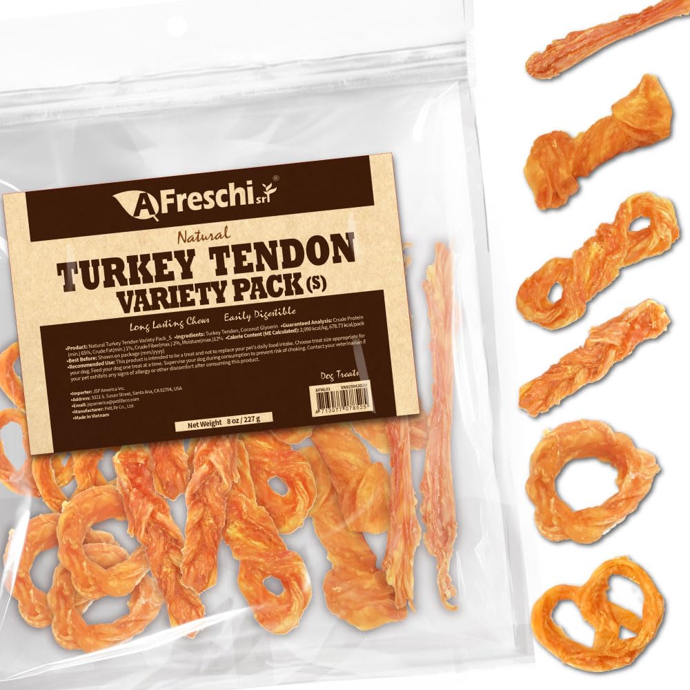 AFreschi Turkey Tendons for Dogs, USA-Sourced, Healthy Dog Treats, Rawhide-Free Puppy Chews, Long Lasting, All Natural, Hypoallergenic Dog Treats for Small Breeds, 3 oz Pack Strips
