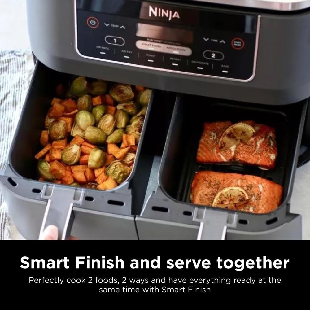 Ninja DZ401 Foodi 10 Quart 6-in-1 DualZone XL 2-Basket Air Fryer with 2 Independent Frying Baskets, Match Cook & Smart Finish to Roast, Broil, Dehydrate for Quick, Easy Family-Sized Meals, Grey