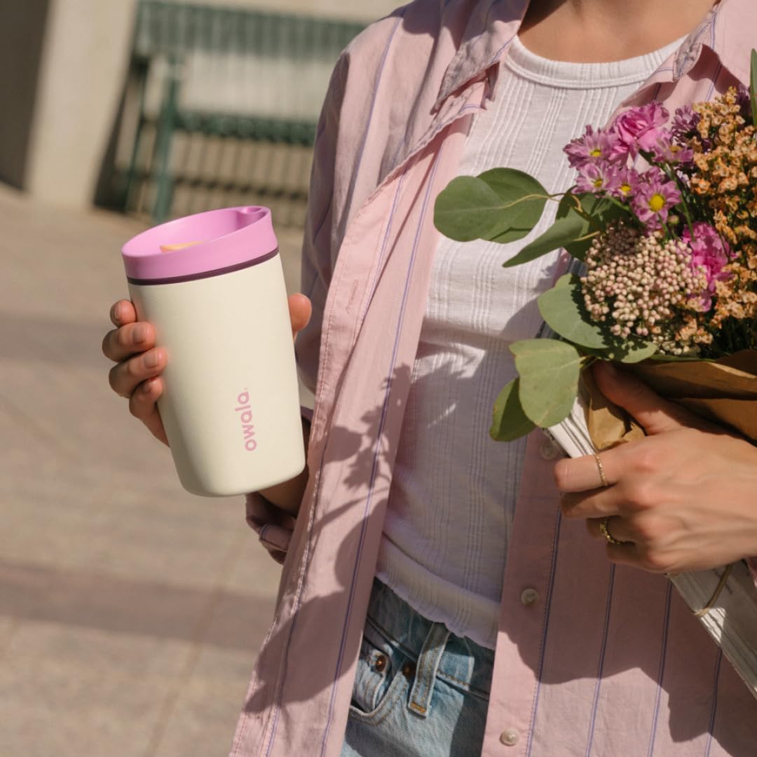 Owala SmoothSip Slider Insulated Stainless Steel Coffee Tumbler, Reusable Iced Coffee Cup, Hot Coffee Travel Mug, BPA Free 12 oz, Grey/Green (Sour Apple)