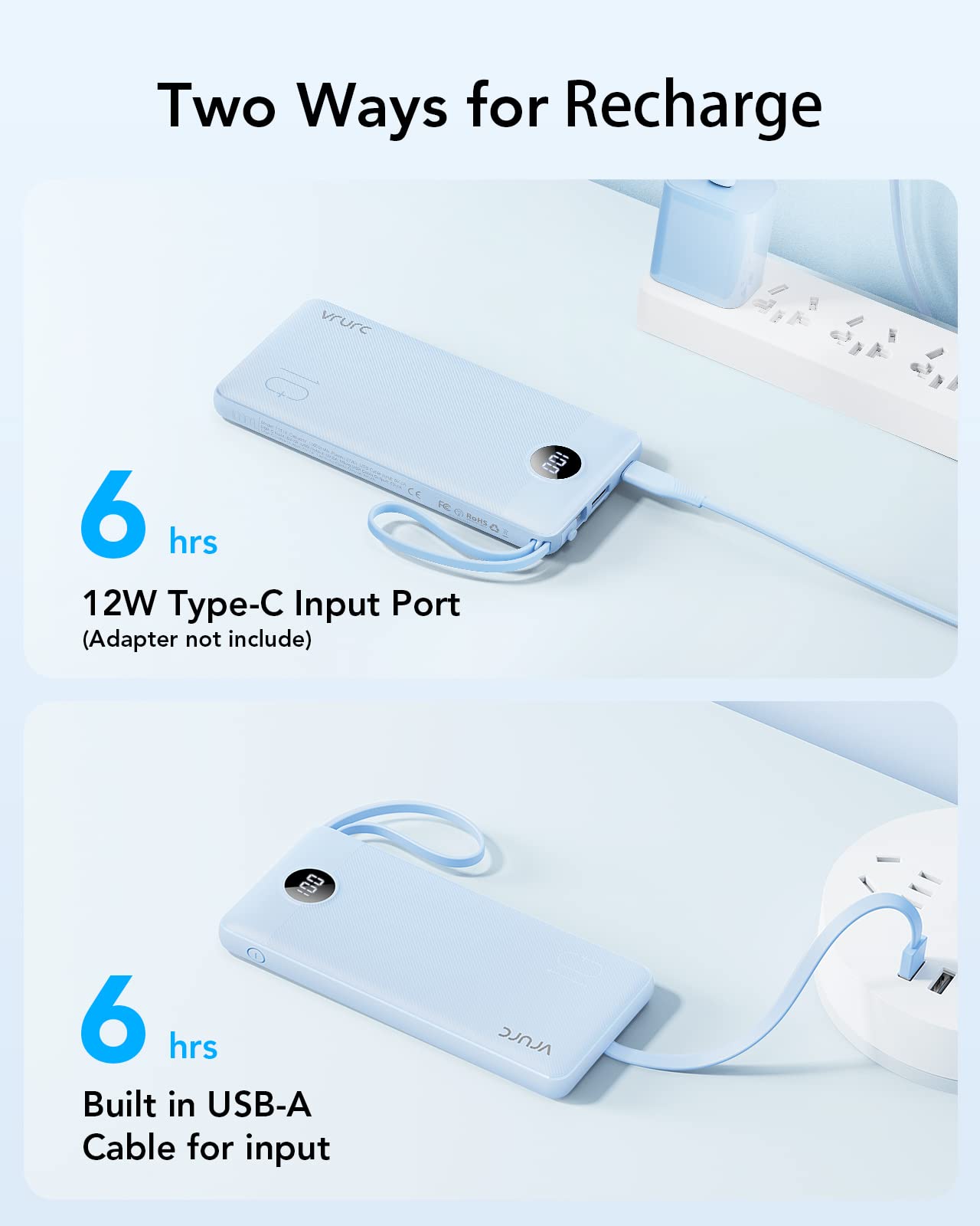 VRURC Portable Charger Power Bank, 10000mAh Travel Essentials Battery Pack, 5 Outputs 2 Inputs Slim Charing Bank Built-in Cables Cords Wires Compatible with iPhone,Samsung,Android-White(1 Pack)