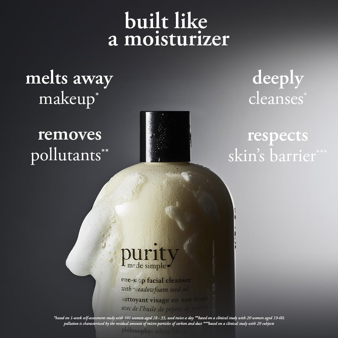 philosophy purity made simple one-step facial cleanser- with meadowfoam seed oil gently cleanses & melts away dirt, oil & stubborn makeup paraben-free face wash