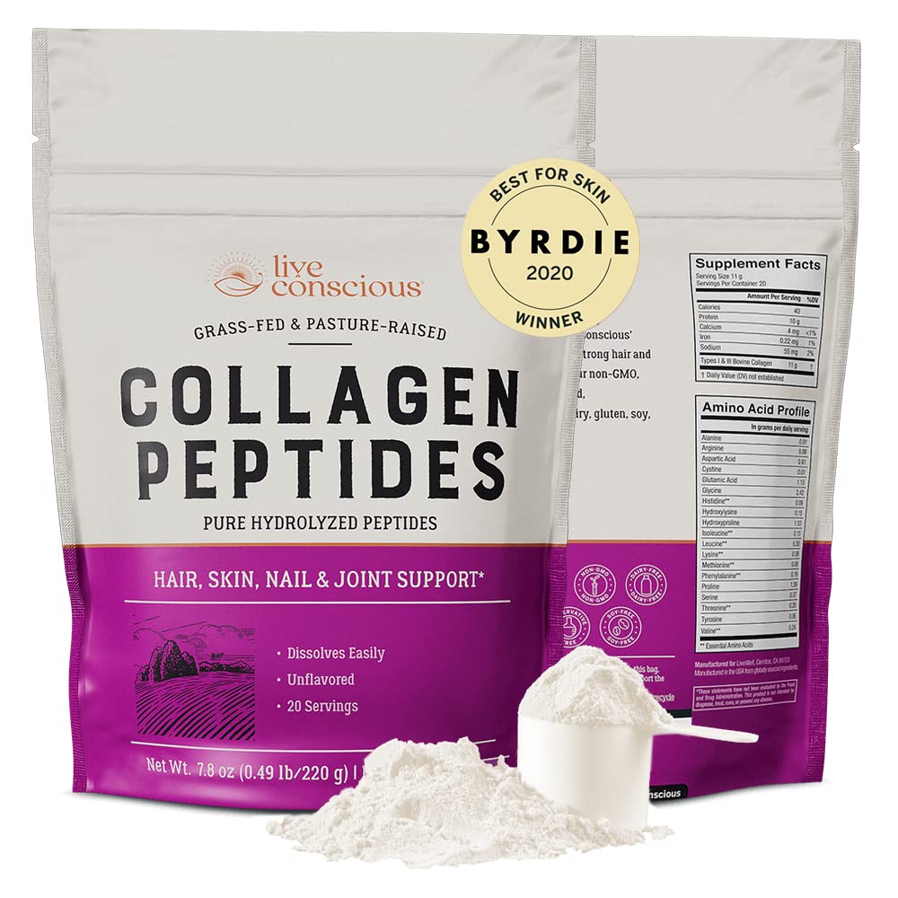 Live Conscious Collagen Peptides Powder - Naturally-Sourced Hydrolyzed Collagen Powder - Hair, Skin, Nail, and Joint Support - Type I & III Grass-Fed Collagen Supplements for Women and Men - 16oz