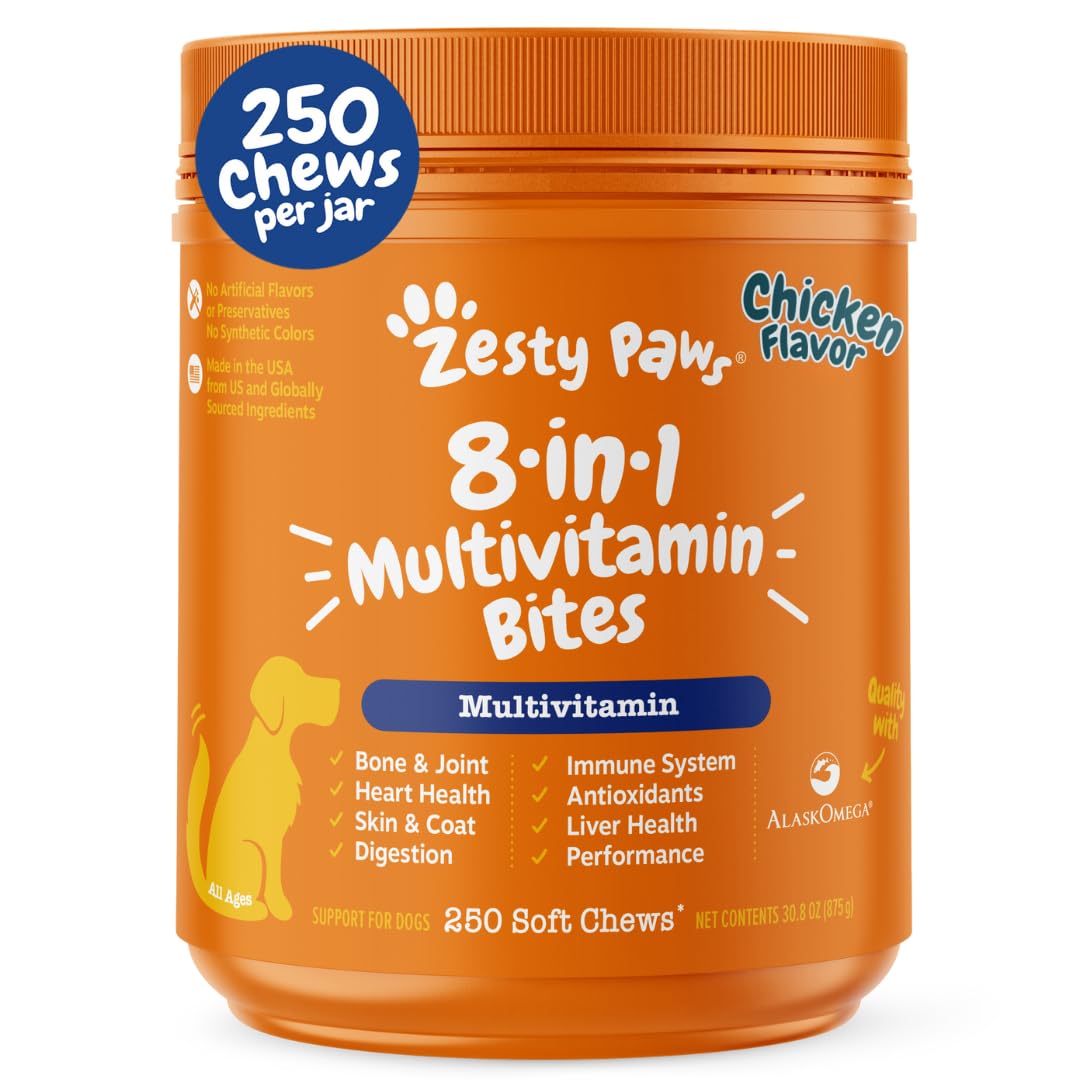 Zesty Paws Dog Multivitamin, Chewable Dog Vitamins and Supplements for Hip & Joints, Skin & Coat, Omega 3 Fish Oil for Dogs- Senior & Puppy Multivitamin- Chicken- 90ct