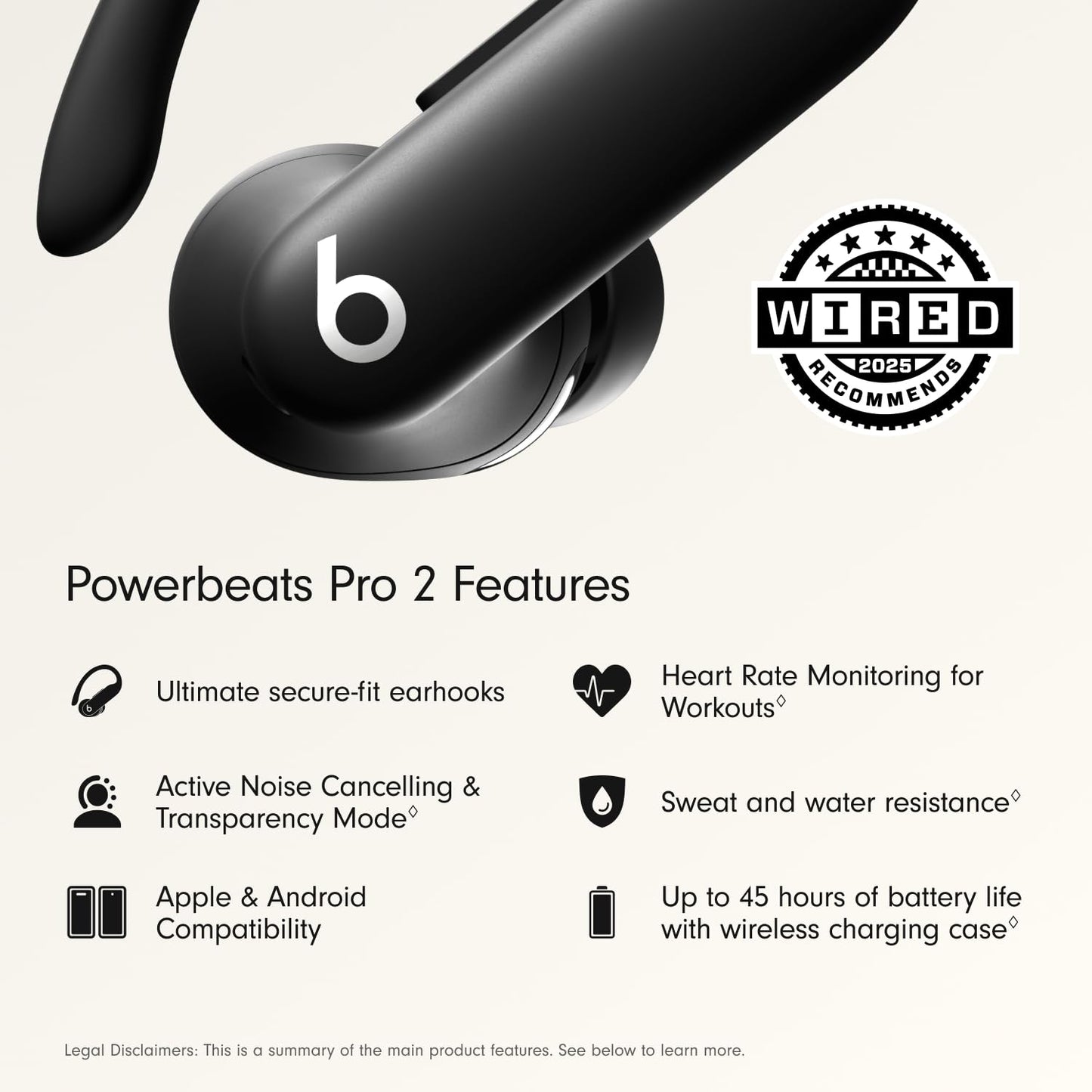 Beats Powerbeats Pro 2 - Wireless Noise Cancelling Workout Earbuds with Secure- Fit Earhooks, Up to 45-Hour Battery with Charging Case, Sweat & Water Resistant, Heart Rate Monitoring - Jet Black