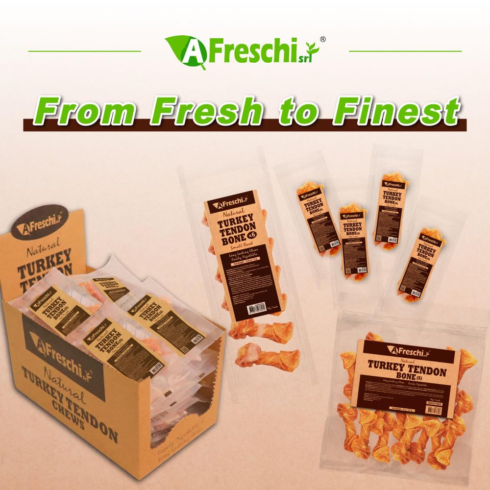 AFreschi Turkey Tendons for Dogs, USA-Sourced, Healthy Dog Treats, Rawhide-Free Puppy Chews, Long Lasting, All Natural, Hypoallergenic Dog Treats for Small Breeds, 3 oz Pack Strips