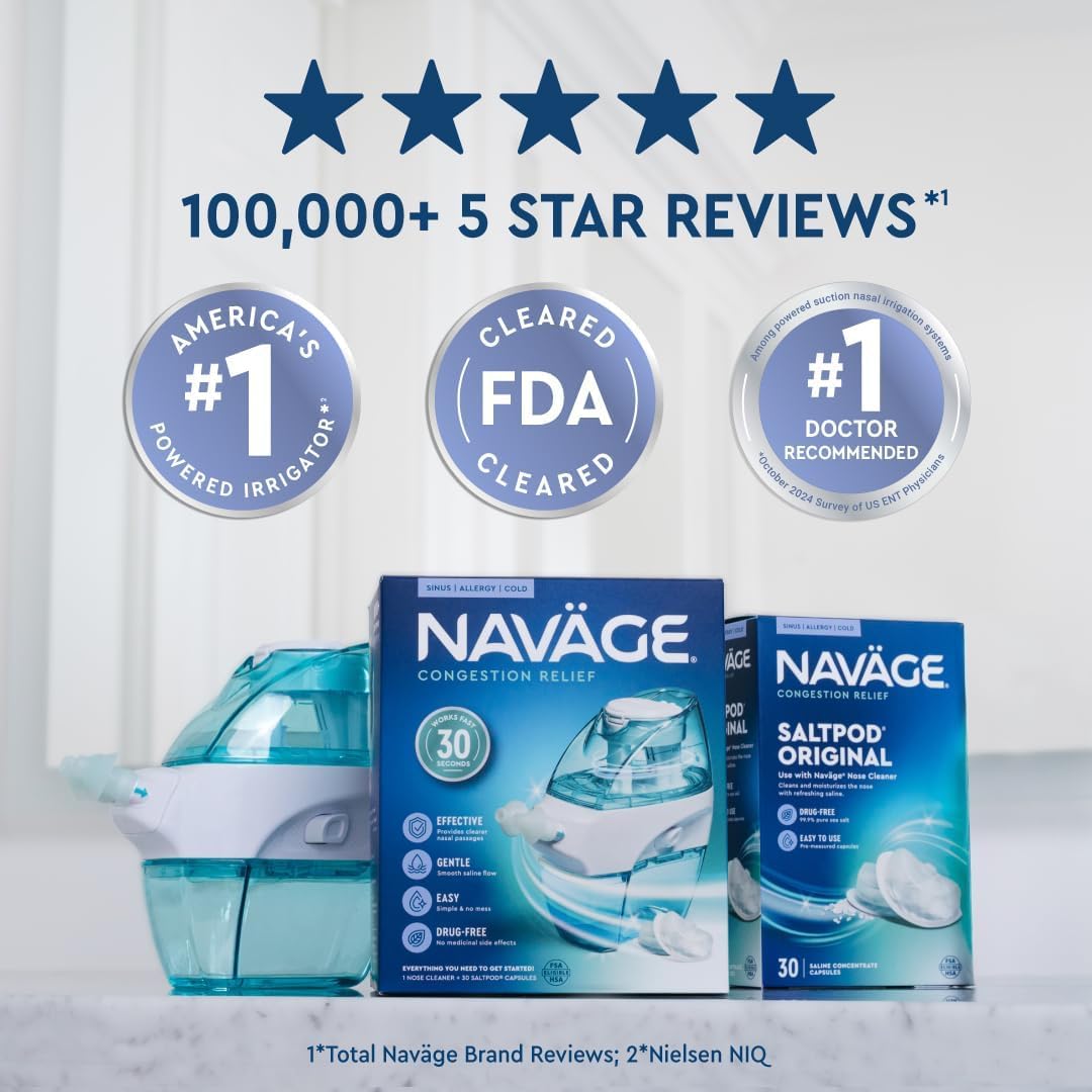Navage Starter Bundle - Nasal Irrigation System - Saline Nasal Rinse Kit with 1 Navage Nose Cleaner and 30 Salt Pods