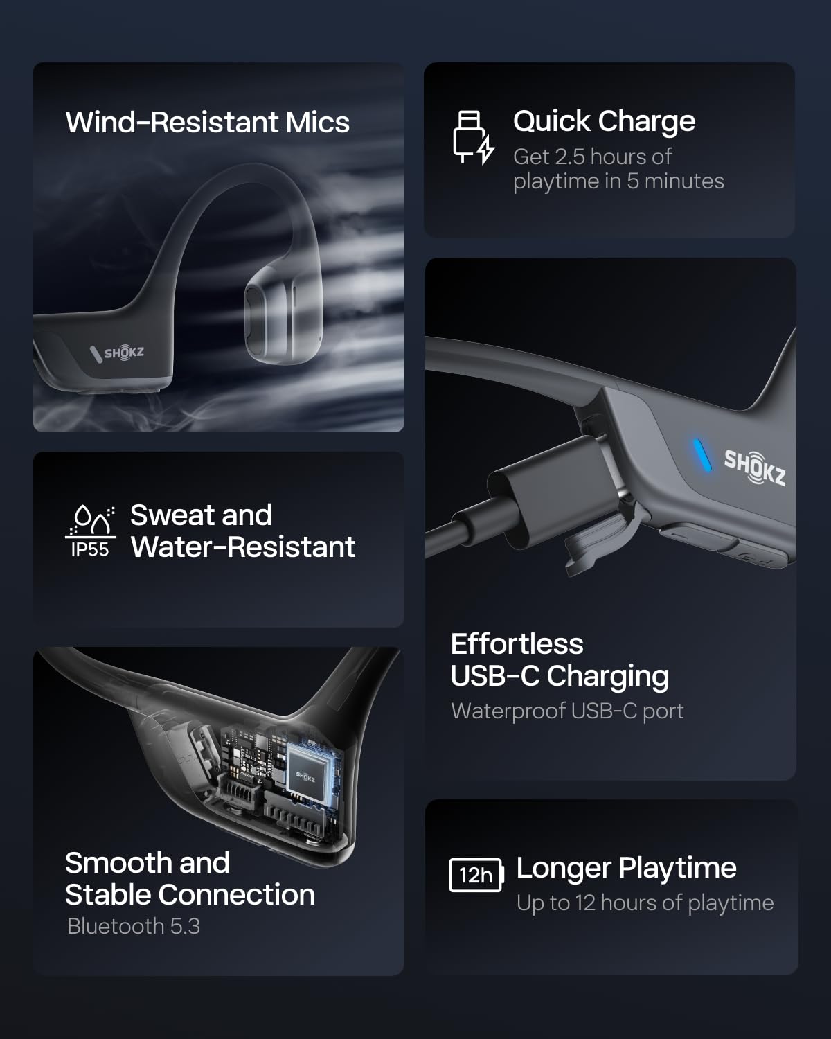 SHOKZ New OpenRun Pro 2- Bone Conduction Headphones, Open-Ear Bluetooth Wireless Sport Earphones for Running, Workouts - Sweat Resistant, Secure Comfortable Fit -Deep Bass, Smart Mic, Reflective Strip