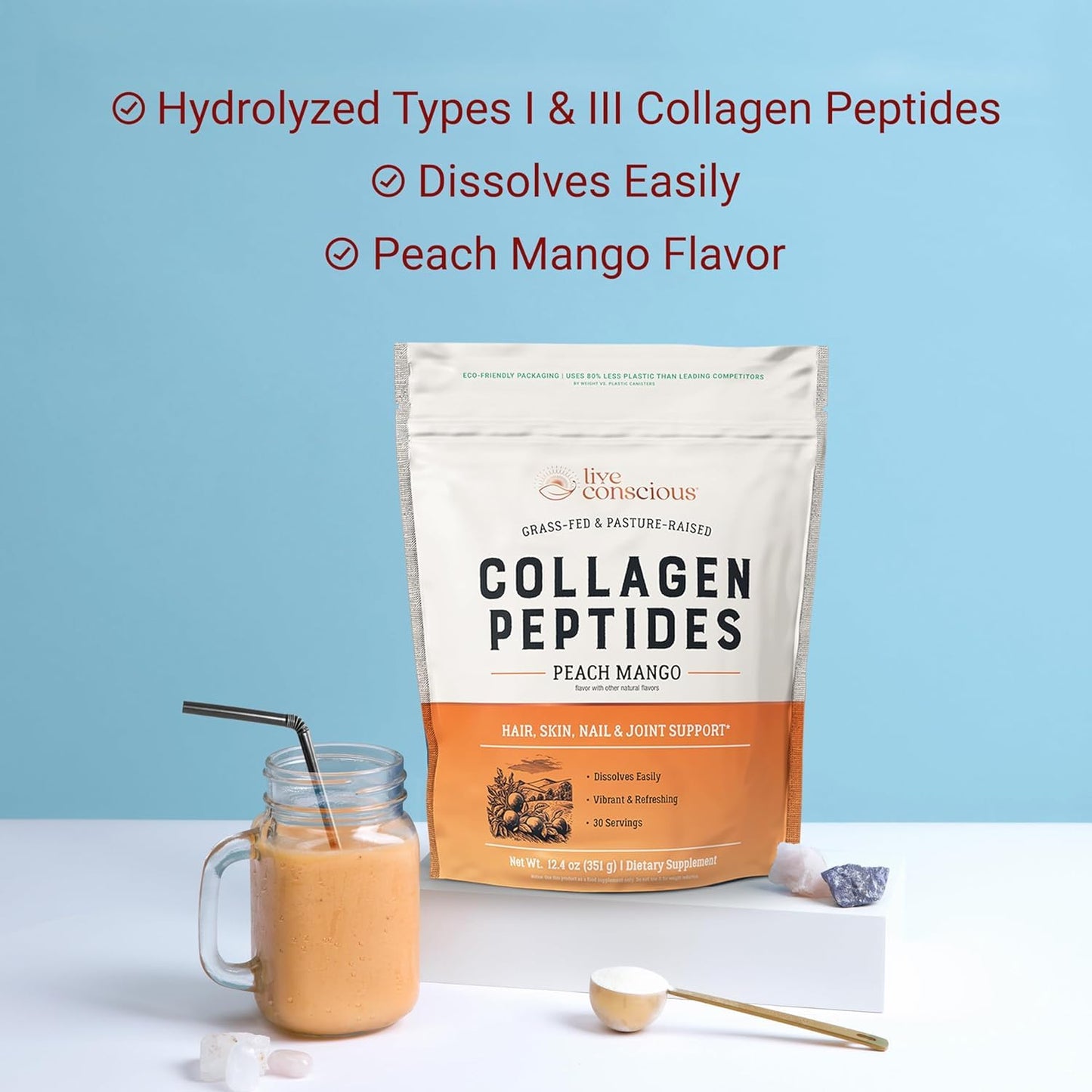 Live Conscious Collagen Peptides Powder - Naturally-Sourced Hydrolyzed Collagen Powder - Hair, Skin, Nail, and Joint Support - Type I & III Grass-Fed Collagen Supplements for Women and Men - 16oz