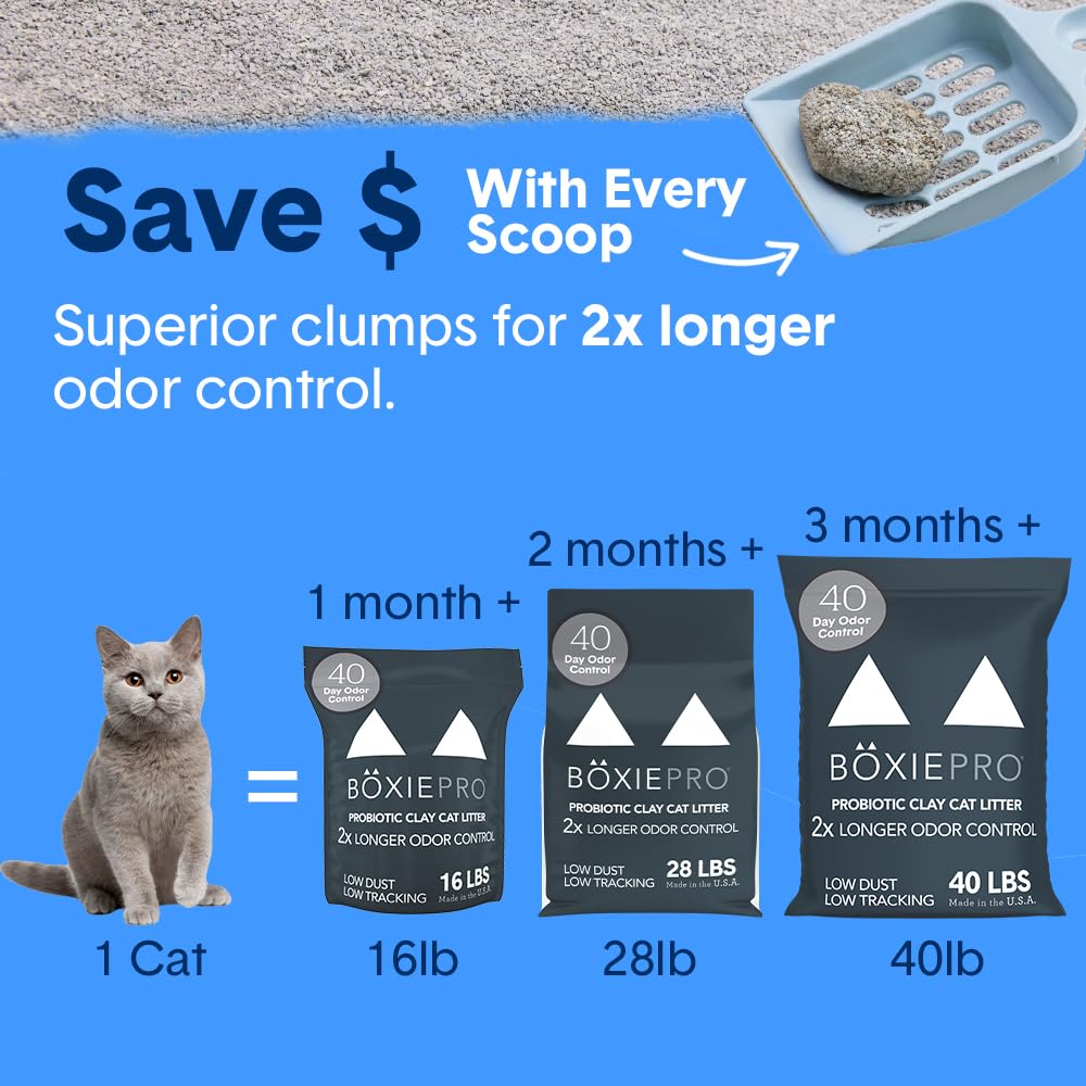 Boxie Probiotic Cat Litter, 40 Day Odor Control, Clumping Clay Kitty Litter, Odor Eliminating Probiotics, Dust-Free, No Fragrances No Fillers, 16 lb