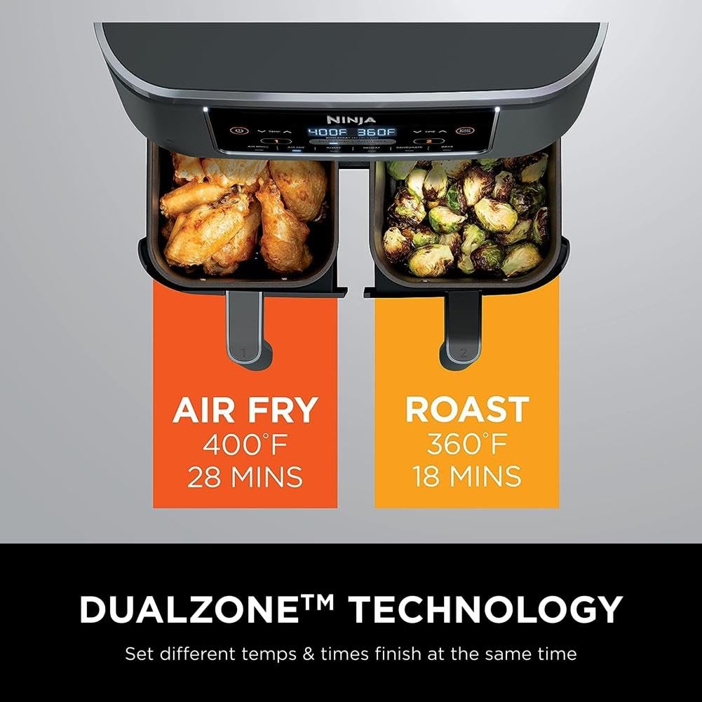 Ninja DZ401 Foodi 10 Quart 6-in-1 DualZone XL 2-Basket Air Fryer with 2 Independent Frying Baskets, Match Cook & Smart Finish to Roast, Broil, Dehydrate for Quick, Easy Family-Sized Meals, Grey