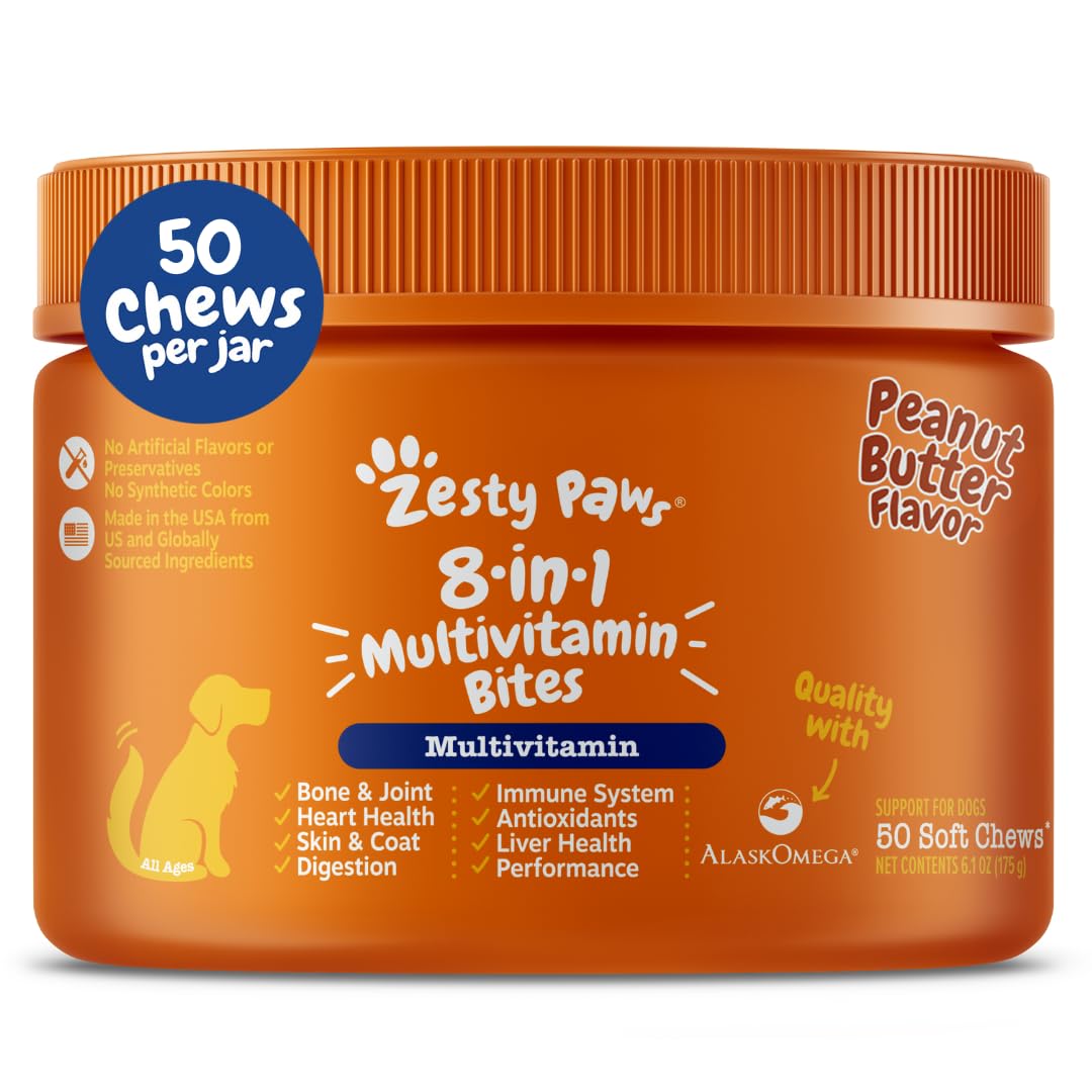 Zesty Paws Dog Multivitamin, Chewable Dog Vitamins and Supplements for Hip & Joints, Skin & Coat, Omega 3 Fish Oil for Dogs- Senior & Puppy Multivitamin- Chicken- 90ct