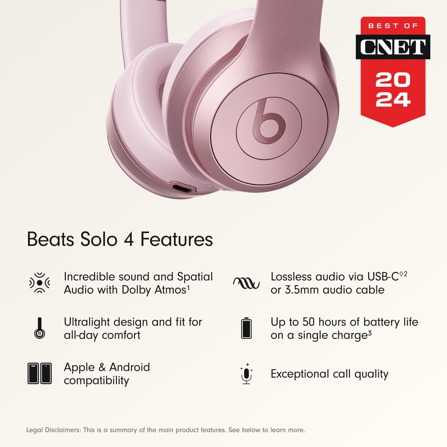 Beats Solo 4 - Wireless On-Ear Bluetooth Headphones, Up to 50-Hour Battery Life, Ultra-Lightweight Comfort, Powerful and Balanced Sound, Apple & Android Compatible - Cloud Pink