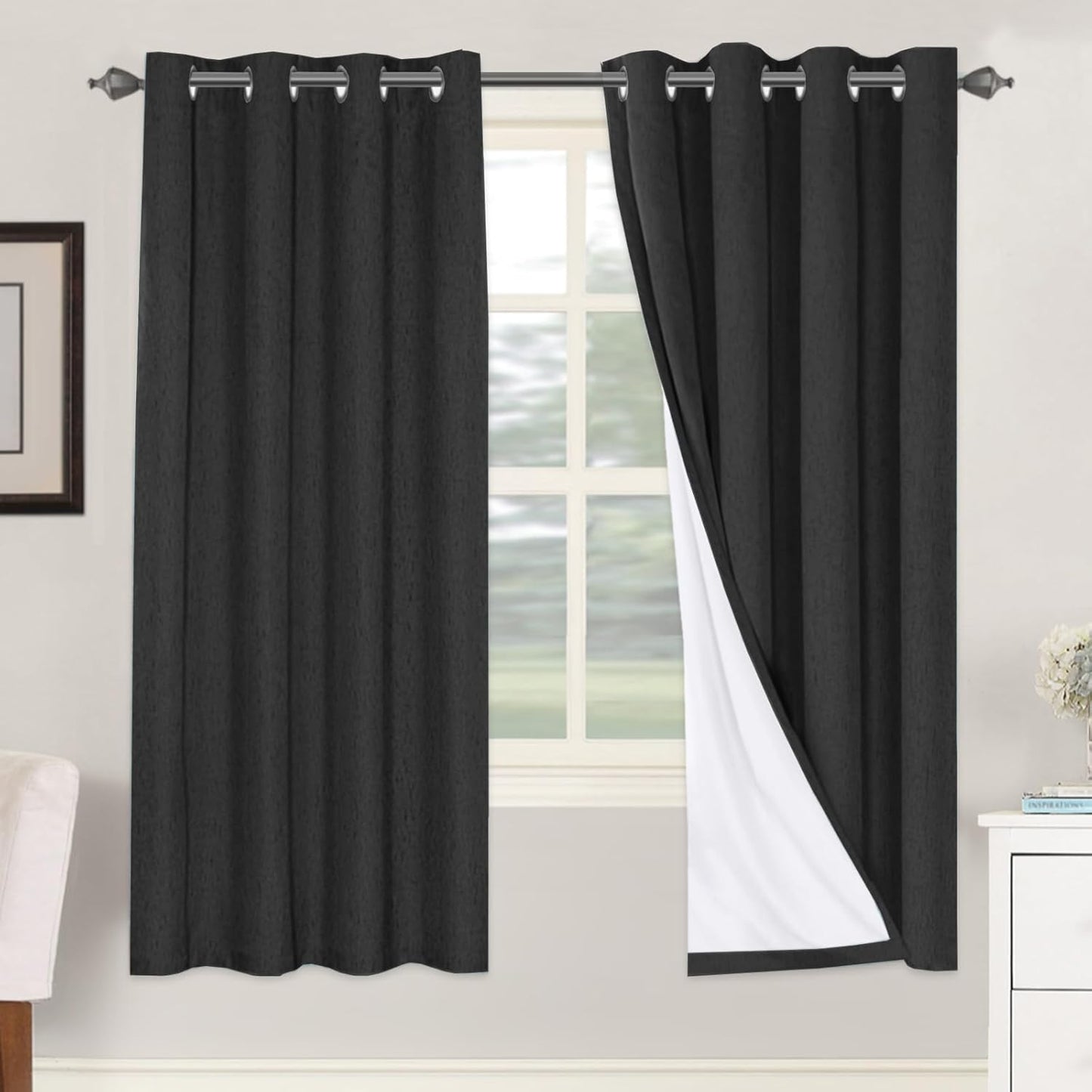 H.VERSAILTEXLinen-Polyester Curtains 100%Blackout Curtains for Bedroom 96"Long Full Light Blocking Nature Linen-Polyester Blended Window Curtains for LivingRoomNickel Grommet(2Panels,HeatheredNatural)