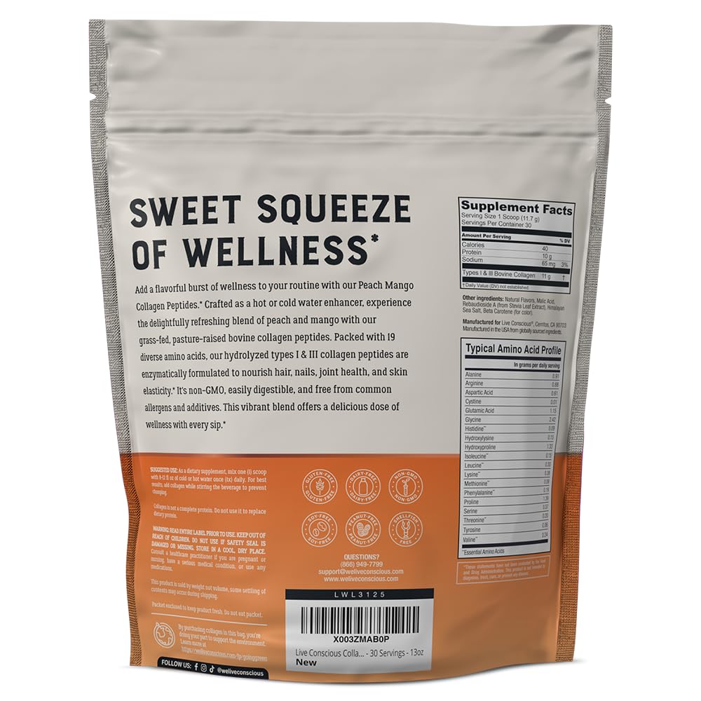Live Conscious Collagen Peptides Powder - Naturally-Sourced Hydrolyzed Collagen Powder - Hair, Skin, Nail, and Joint Support - Type I & III Grass-Fed Collagen Supplements for Women and Men - 16oz