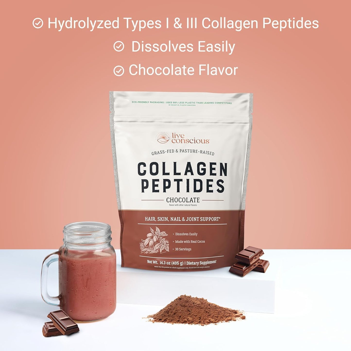 Live Conscious Collagen Peptides Powder - Naturally-Sourced Hydrolyzed Collagen Powder - Hair, Skin, Nail, and Joint Support - Type I & III Grass-Fed Collagen Supplements for Women and Men - 16oz