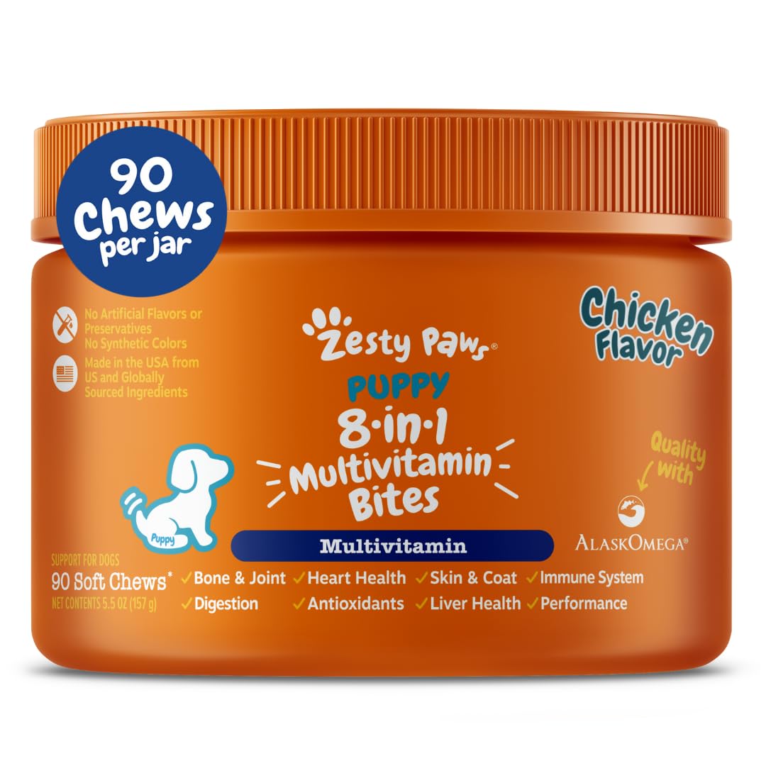 Zesty Paws Dog Multivitamin, Chewable Dog Vitamins and Supplements for Hip & Joints, Skin & Coat, Omega 3 Fish Oil for Dogs- Senior & Puppy Multivitamin- Chicken- 90ct