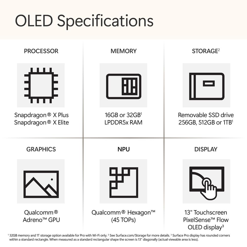 Microsoft Surface Pro 2-in-1 Laptop/Tablet (2024), 13" OLED Touchscreen Display, 16GB RAM, 512GB Storage | Windows 11 Copilot+ PC, Snapdragon X Elite (12 Core), Platinum