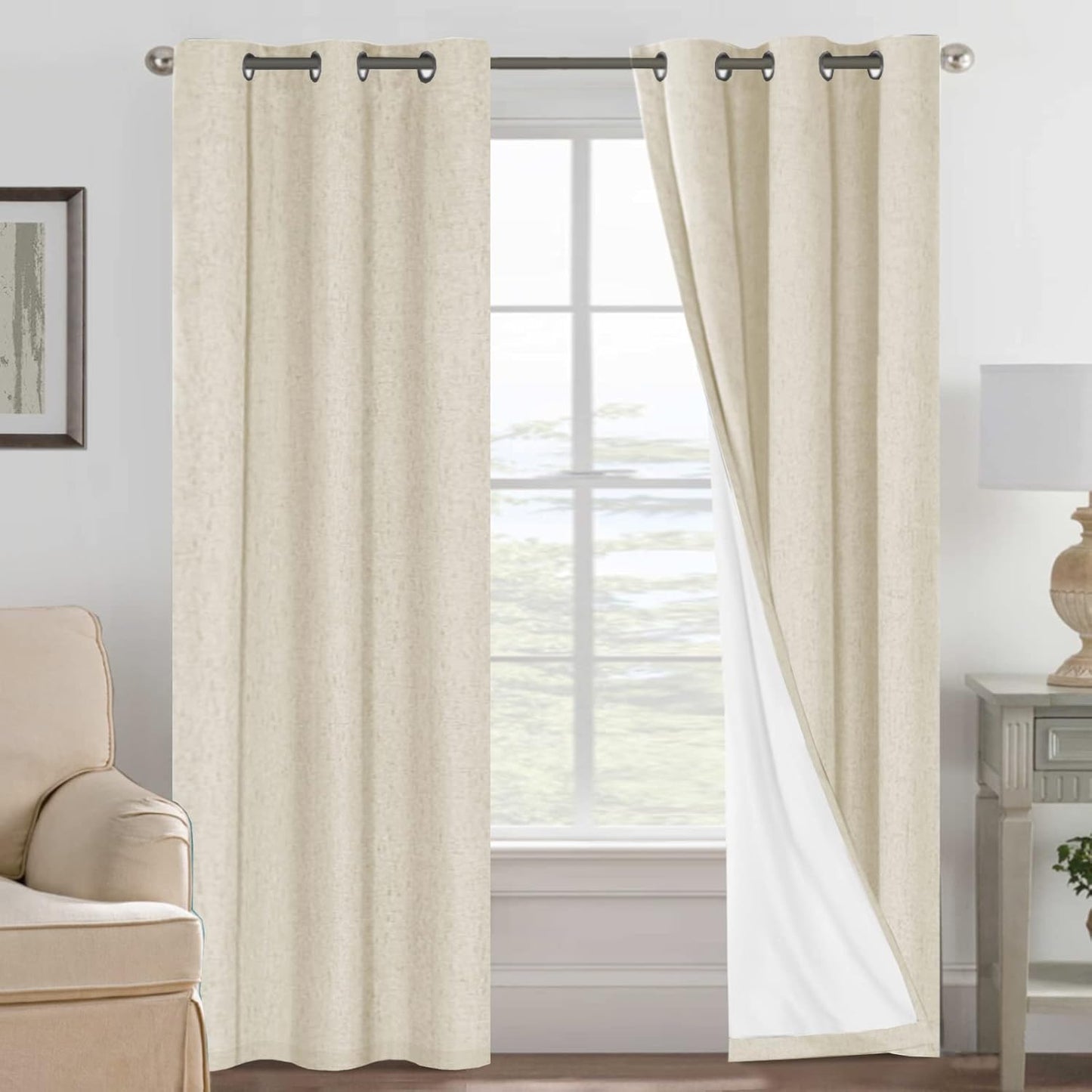H.VERSAILTEXLinen-Polyester Curtains 100%Blackout Curtains for Bedroom 96"Long Full Light Blocking Nature Linen-Polyester Blended Window Curtains for LivingRoomNickel Grommet(2Panels,HeatheredNatural)