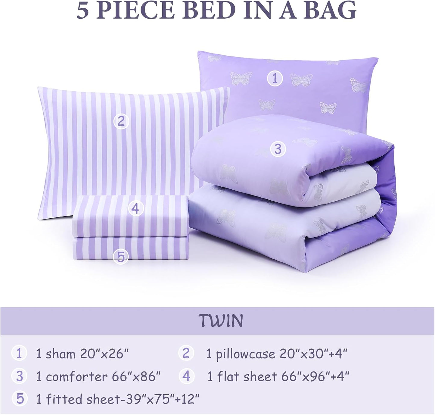 Twin Comforter Set with Sheets for Girls-5 Pieces Twin Bedding Sets with Purple Comforter, Sheets, Pillowcase & Sham for Kids (Purple Butterfly, 66" X 86")