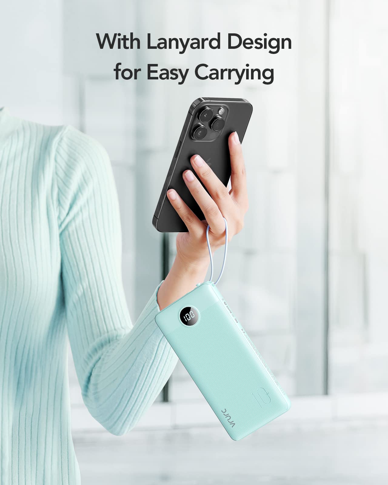 VRURC Portable Charger Power Bank, 10000mAh Travel Essentials Battery Pack, 5 Outputs 2 Inputs Slim Charing Bank Built-in Cables Cords Wires Compatible with iPhone,Samsung,Android-White(1 Pack)