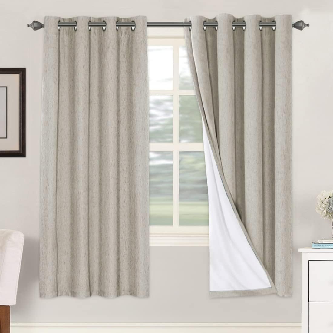 H.VERSAILTEXLinen-Polyester Curtains 100%Blackout Curtains for Bedroom 96"Long Full Light Blocking Nature Linen-Polyester Blended Window Curtains for LivingRoomNickel Grommet(2Panels,HeatheredNatural)