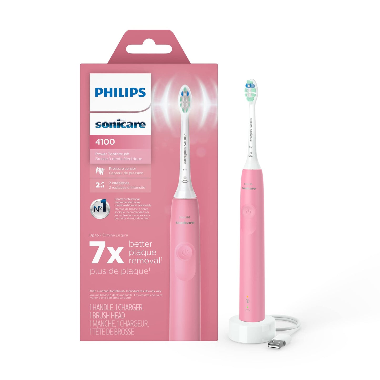 Philips Sonicare 4100 Rechargeable Electric Toothbrush, with Pressure Sensor, 2 Intensity Settings, SmarTimer and QuadPacer, 14-Day Battery Life, White, Model HX3681/23