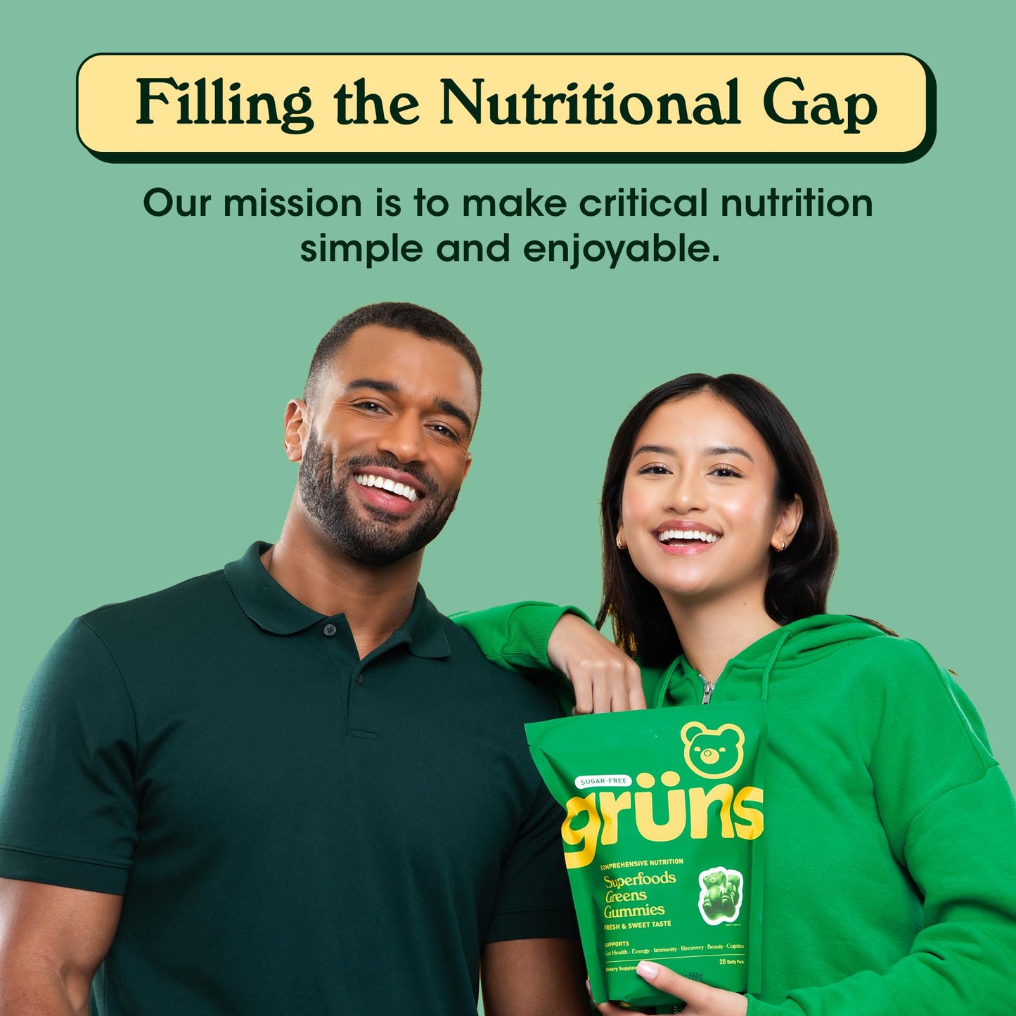 Gruns Adults Super Greens Multivitamin Gummies, Superfood Vitamin Gummy Bears with Spirulina, Chlorella, Prebiotic Fiber for Digestive Health, Adaptogens Supplement, 20 Vitamins & Minerals, 28 Count