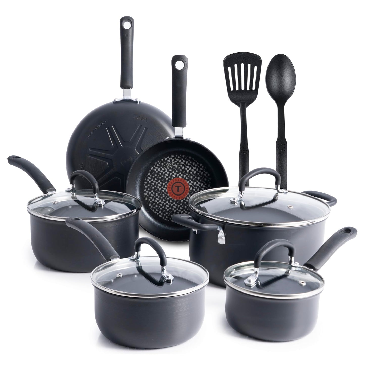 T-Fal Ultimate Hard Anodized Nonstick Cookware Set 17 Piece, Nonstick Pots and Pans Set with Fry Pan, Saucepans, Saute-Pan, Griddle, Dishwasher Safe, Black