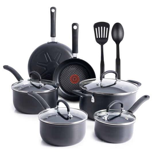 T-Fal Ultimate Hard Anodized Nonstick Cookware Set 17 Piece, Nonstick Pots and Pans Set with Fry Pan, Saucepans, Saute-Pan, Griddle, Dishwasher Safe, Black