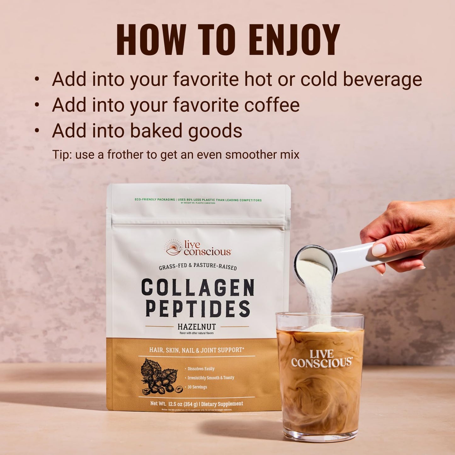 Live Conscious Collagen Peptides Powder - Naturally-Sourced Hydrolyzed Collagen Powder - Hair, Skin, Nail, and Joint Support - Type I & III Grass-Fed Collagen Supplements for Women and Men - 16oz