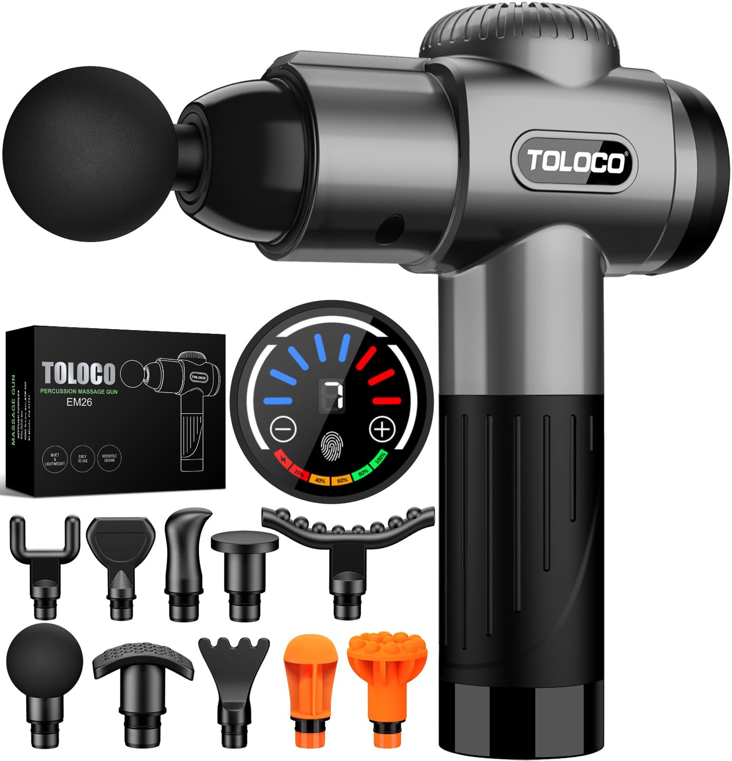 TOLOCO Massage Gun, Deep Tissue Back Massage for Athletes for Pain Relief, Percussion Massager with 10 Massages Heads & Silent Brushless Motor, Christmas Gifts for Women, Men, Black